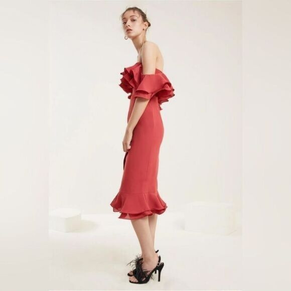 C/MEO Collective Dresses & Skirts - C/Meo‎ Collective Rose Immerse Off The Shoulder Layered Ruffle Midi Sheath Dress